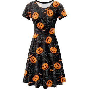 Women's Halloween Dress for Women Short Sleeves Printed Vintage Style Bat Black